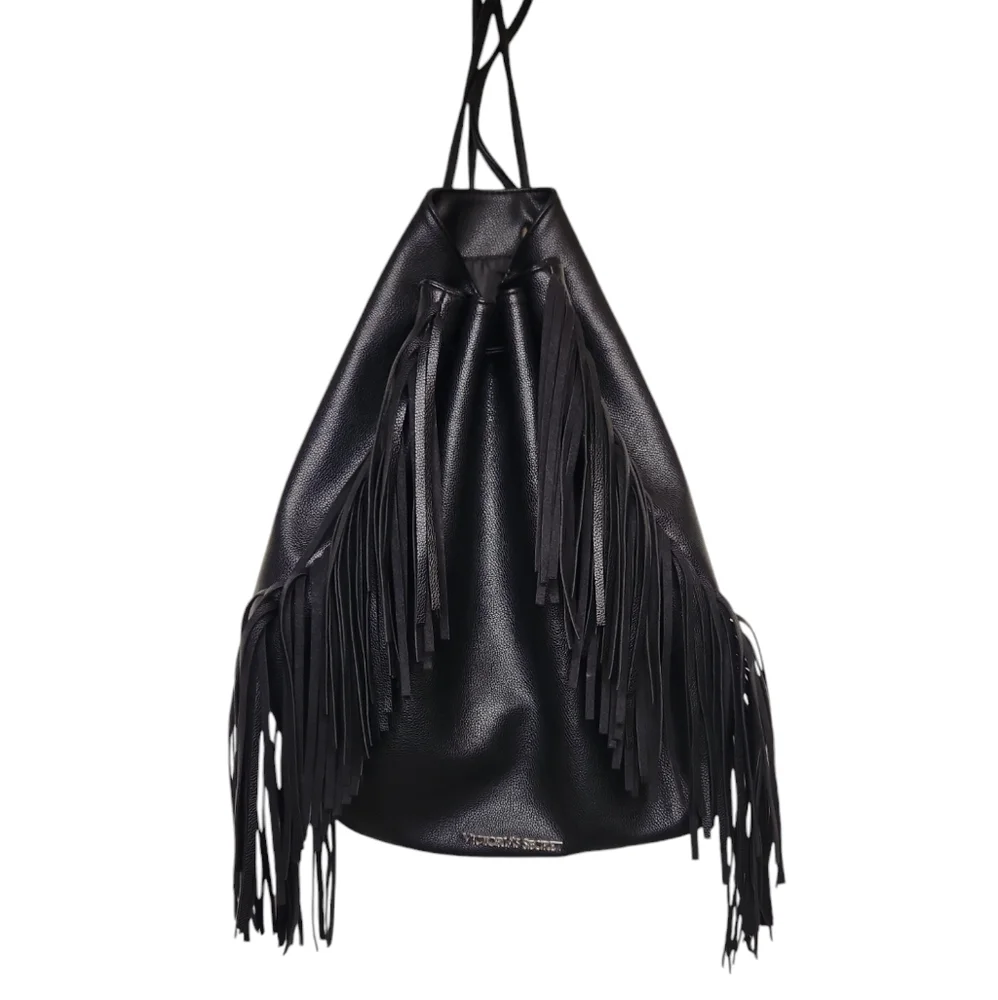 Victoria Secret Black Faux Leather Boho Fringe Backpack Shoulder Bucket Tote Bag